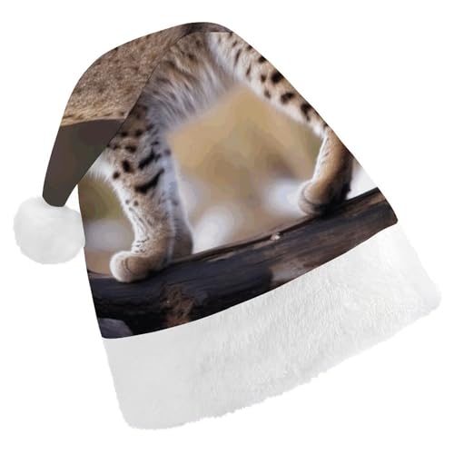 WYUSPGK Weihnachtsmütze, wilder Bobcat-Druck, Weihnachtsmütze mit Plüschbesatz, weihnachtliches Outfit, festliche Nikolausmütze von WYUSPGK