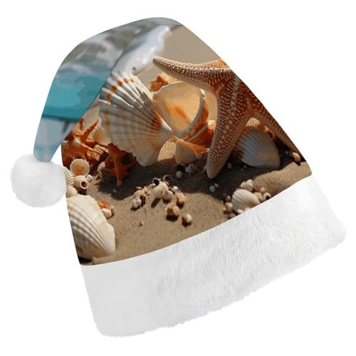 WYUSPGK Weihnachtsmütze Muscheln Seestern am Strand Druck Weihnachtsmütze mit Plüschbesatz Weihnachten Thema Outfit Festliche Nikolausmütze von WYUSPGK