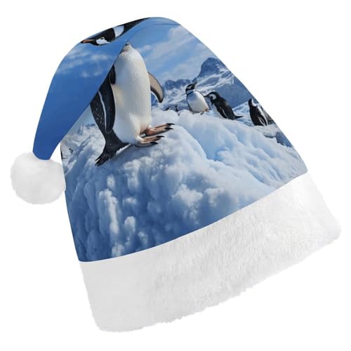 WYUSPGK Weihnachtsmütze Schneeberg Pinguin Druck Weihnachtsmütze mit Plüschbesatz Weihnachten Thema Outfit Festliche Nikolausmütze von WYUSPGK