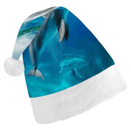 WYUSPGK Weihnachtsmütze Schwimmender Delfin im blauen Meer Druck Weihnachtsmütze mit Plüschbesatz Weihnachten Thema Outfit Festliche Nikolausmütze von WYUSPGK