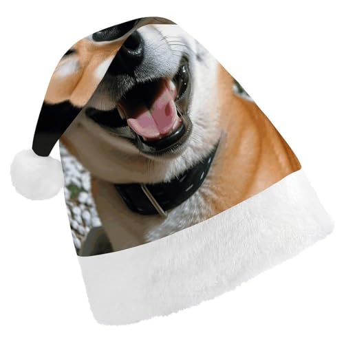 WYUSPGK Weihnachtsmütze Shiba Inu Smile Zunge Out Print Weihnachtsmütze mit Plüschbesatz Weihnachten Thema Outfit Festliche Nikolausmütze von WYUSPGK