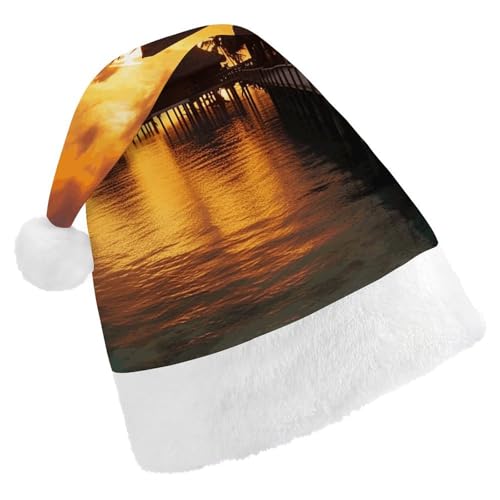 WYUSPGK Weihnachtsmütze Tahiti Resort Sonnenuntergang Peel Print Weihnachtsmütze mit Plüschbesatz Weihnachts-Outfit Festliche Nikolausmütze von WYUSPGK