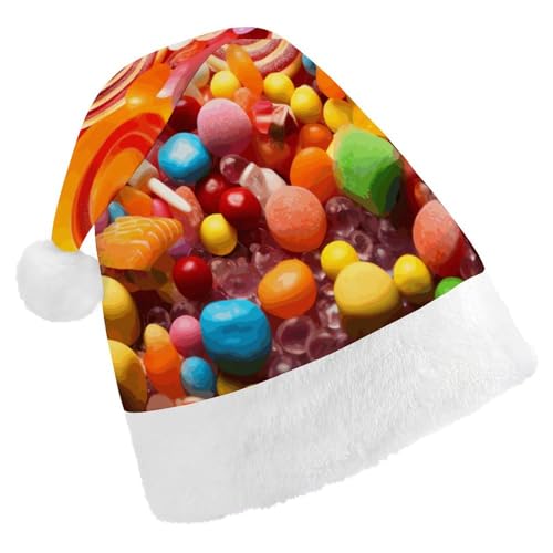 WYUSPGK Weihnachtsmütze mit süßem Bonbon-Druck, Weihnachtsmütze mit Plüschbesatz, weihnachtliches Outfit, festliche Nikolausmütze von WYUSPGK