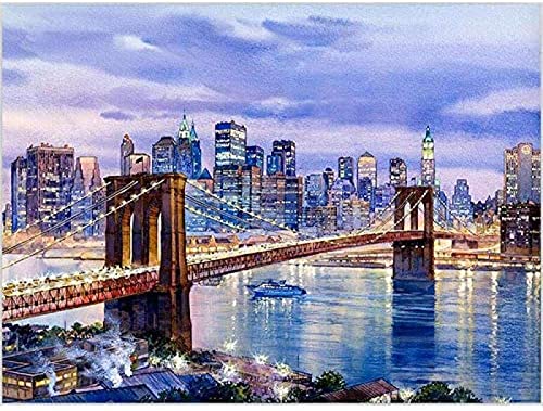 WYWQN 5D Diy Diamond Painting New York Brooklyn Bridge Diamond Full Circular City Night Diamantstickerei Kreuzstich 30x40CM von WYWQN