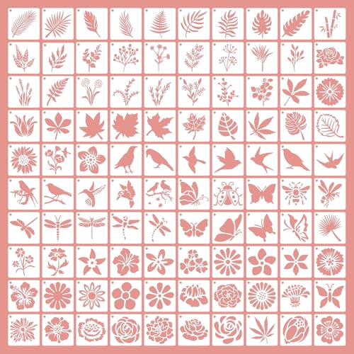 WYYFXY® 100 Stück Stencil Schablonen Malen 5×5cm Blumen Blätter Gras Vögel Insekten Malschablonen Klein Wiederverwendbar Zeichenschablonen für DIY Geschenkkarten Scrapbooking von WYYFXY