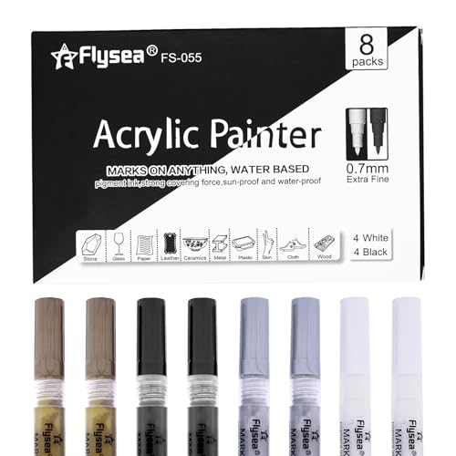 WYYFXY® 8 Stück Acrylstifte Wasserfest, Schwarz Weiß Gold Silber 0.7mm Permanent Marker Acrylic Paint Marker für Bemalen von Stein, Keramik, Glas, Metall, Kunststoff, Holz, Leder von WYYFXY