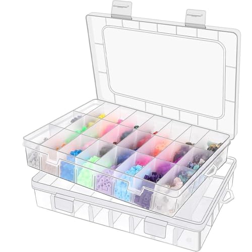 WZHHDM 2 Stück 24 Gitter Transparente Sortierboxen für Kleinteile, Kleinteile Organizer Einstellbar Plastik Sortierbox für Ohrringen, Perlen, Aufbewahrung, Büromaterial, Schrauben und Schmuck von WZHHDM