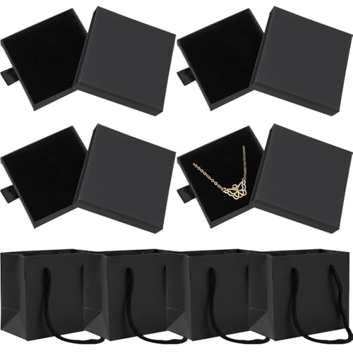 WZHHDM Schmuckkästchen, 4 Stück Schwarz Schmuckschatulle, Schublade Quadrat Geschenkschachtel, Schmuck Organizers für Armbänder Armreife Schmuck Geschenk Enthält 4 Tragetaschen von WZHHDM