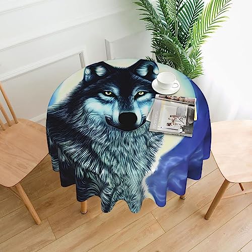 WZYWHJ Runde dekorative Tischdecke, Motiv: Wolf unter dem Mond, 152,4 cm, kann gewaschen und wiederverwendet werden, für runde Tische, Esstisch, Couchtisch von WZYWHJ