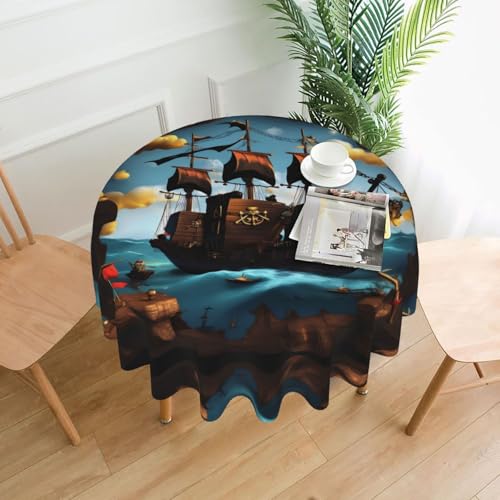 WZYWHJ Runde dekorative Tischdecke mit Cartoon-Piratenschiff-Druck, 152,4 cm, kann gewaschen und wiederverwendet werden, für runde Tische, Esstisch, Couchtisch von WZYWHJ