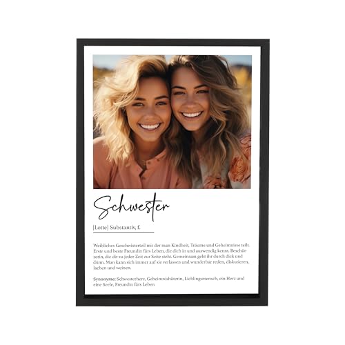 Wackadoo Bilderrahmen Personalisiertes Poster Schwester - Wandbild mit Foto und Text - auf hochwertigem Papier - Holz Bilderrahmen und Glasscheibe Definition Schwester von Wackadoo