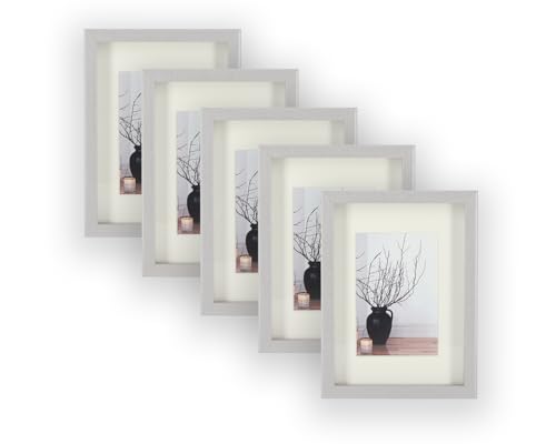 Wackadoo 5er Set Holz Bilderrahmen Set, FSC® Holzrahmen Silber Fotowand Bilderrahmen Fotogalerie Wandcollage Fotorahmen mit Glasscheibe mit Passepartout (10x15 cm) von Wackadoo