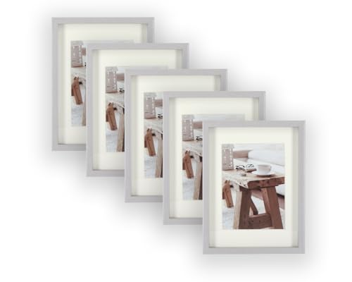 Wackadoo 5er Set Holz Bilderrahmen Set, FSC® Holzrahmen Silber Fotowand Bilderrahmen Fotogalerie Wandcollage Fotorahmen mit Glasscheibe mit Passepartout (13x18 cm) von Wackadoo