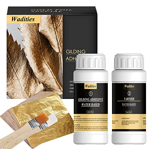 Wadities Blattgold Kleber Set, inkl. 100 ml Kleber und 100 ml Schutzlack auf Wasserbasis, Blattgold 100 Stück, 2 Pinsel, zum Basteln, Malen und professionellen Bastelgebrauch von Wadities