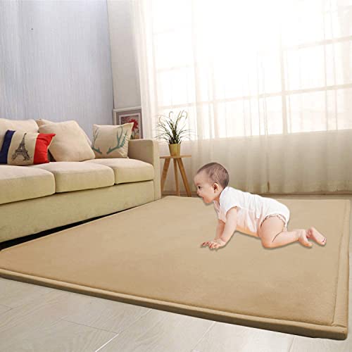 Waigg Kii Großer Teppich, Korallen-Samt, Baby-Spielmatte, dicker Teppich, Krabbelteppich, Tatami-Yogamatte, rutschfeste Bodenmatte, Übungsunterlagen (120 x 120 cm, Khaki) von Waigg Kii