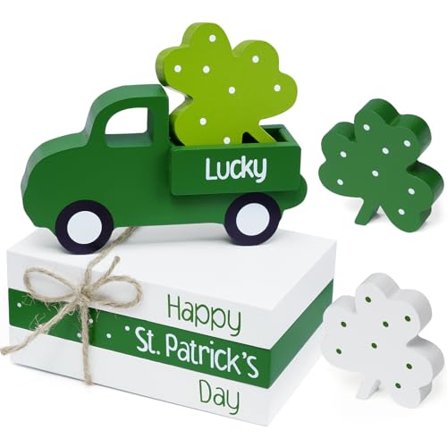 Waipfaru St. Patricks Day Dekorationen, St. Patricks Day Dekor, 3 Stück Holzbuchstapel mit grünem LKW und 3 Stück Kleeblatt-Dekor für gestufte Tabletts, Tisch, Kaminsims, St. Patricks Day Zubehör, von Waipfaru