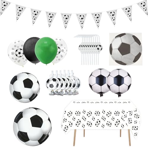 WakiHong 1 Satz Fußball Partygeschirr Set, Schwarz weiß Fußball Party Pappteller Bechern Servietten Banner Luftballons Tischdecke Bläst den Drachen für Kinder Fussballparty Geburtstagsparty Deko von WakiHong