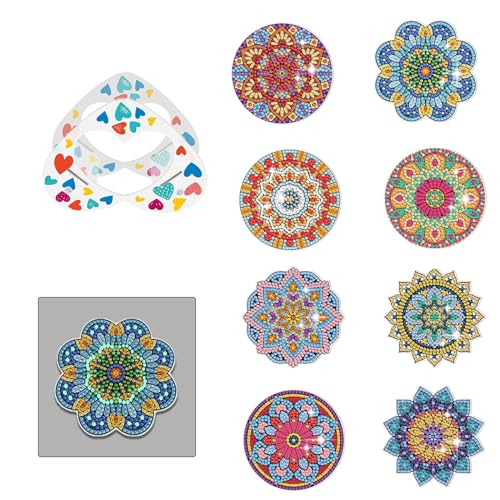 WakiHong 8 Stück Diamond Painting Untersetzer Mit Halter DIY-Mandala-Untersetzer zum Basteln Diamond Painting Untersetzer für Kinder und Erwachsene,Anfänger von WakiHong