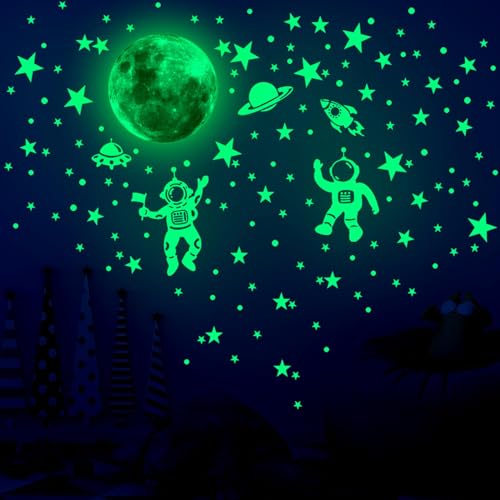 WakiHong Mond Astronaut Leucht Aufkleber Sterne leuchtend Selbstklebend Wandsticker Leuchtsterne Fluoreszierend Wandaufkleber für Baby Schlafzimmer Kinderzimmer Deko von WakiHong