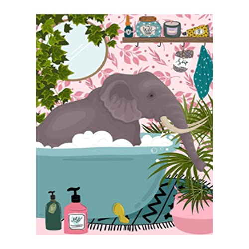 Badewanne Dschungel Tier Malen nach Bumbers für Erwachsene Anfänger Badezimmer Elefant DIY Malen nach Zahlen Acryl Malen Leinwand Rosa Blätter Schlafzimmer Dekor Malerei Kits Rosa Kunst (ohne Rahmen) von Walarky