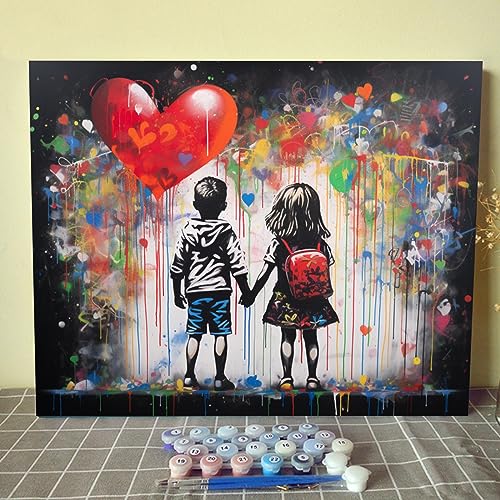 Banksy Ölgemälde mit zwei kleinen Spielkameraden, Straßen-Graffiti-Kunst, Malen nach Zahlen, 40,6 x 50,8 cm, Leinwand, DIY-Ölgemälde für Kinder und Erwachsene, mit Pinseln und Acrylfarbe, rahmenlos von Walarky