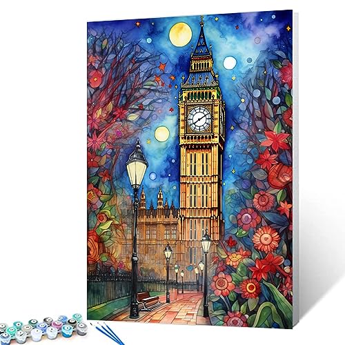 Big Ben Malen nach Zahlen für Erwachsene, Anfänger, London, Wahrzeichen, Geschenk, Ölgemälde-Kits auf Leinwand mit Pinseln, Acrylpigment, digitales Gemälde für Zuhause, Zimmer, Wanddekoration, 40,6 x von Walarky