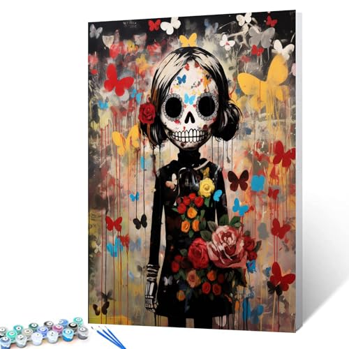 Day of the Dead Ölgemälde, Straßen-Graffiti-Kunst, Malen nach Zahlen, 40,6 x 50,8 cm, Leinwand, DIY-Ölgemälde für Kinder und Erwachsene, mit Pinseln und Acrylfarbe, "Thankful Grateful von Walarky