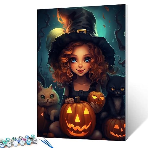 Jack-o'-Lantern Malen nach Zahlen für Erwachsene, Hexenmeister, DIY-Geschenk, Ölgemälde-Kits auf Leinwand mit Pinseln und Acrylpigmenten, gruseliges Mädchen, Bild für Zuhause, Wanddekoration, von Walarky