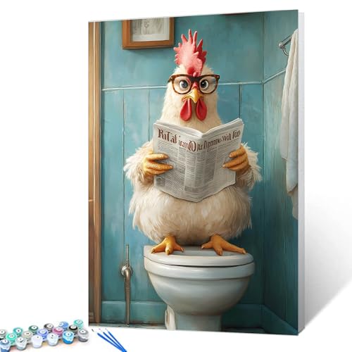 Malen nach Zahlen, Motiv: Huhn mit Brille, rote Zeitung, Leinwand, Ölgemälde-Set für Erwachsene, Tiere, die auf dem Toilettensitz sitzen, digitale Malerei, Kunsthandwerk, Kunst, Geschenk für Zuhause, von Walarky