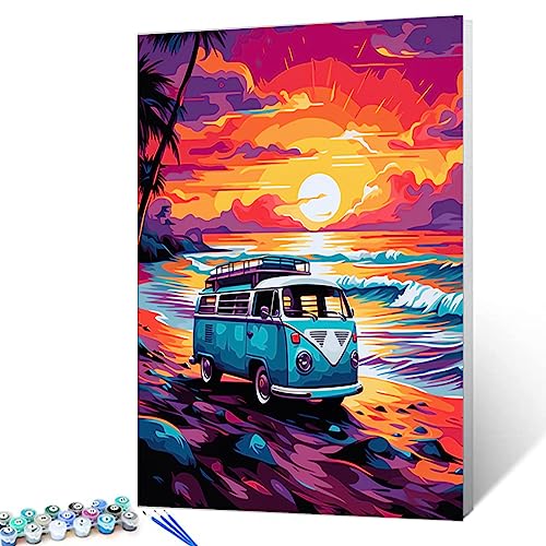 Malen nach Zahlen für Erwachsene und Anfänger, ein buntes VW-Bus-Strand-Ölgemälde-Set auf Leinwand mit Pinseln und Acrylpigmenten, lebendiger Sonnenuntergang, moderner Stil, Bild für Heimdekoration, von Walarky