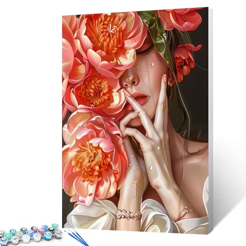 Malen nach Zahlen für Erwachsene, Kinder und Anfänger, Motiv: elegante Frau und rote Blumen, buntes Blumenmuster, DIY, einfache Leinwand, Ölgemälde, Acryl-Pigment-Kits, Heimdekoration, Geschenk, 40,6 von Walarky