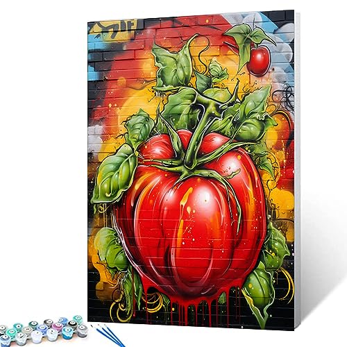 Malen nach Zahlen für Erwachsene und Anfänger, Motiv: Tomate mit grünen Blättern, digitales Ölgemälde-Set auf Leinwand, mit Pinseln und Acrylpigmenten, Graffitikkunst, Heimdekoration, 40,6 x 50,8 cm von Walarky