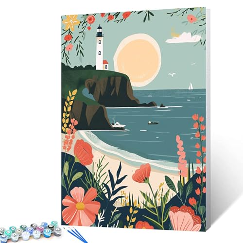 Malen nach Zahlen im Cartoon-Stil, Motiv: Küstenlandschaft, für Erwachsene, Kinder und Anfänger, einfaches Leinwand-Ölgemälde, Acryl-Pigment-Set, Segelboot, Blume, Strand, Heimdekoration, Geschenk, von Walarky