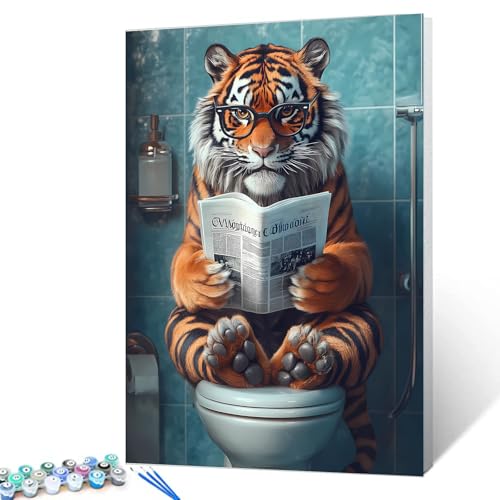 Malen nach Zahlen mit Brille, Motiv: Tiger, rote Zeitung, Leinwand, Ölgemälde-Set für Erwachsene, Tiere, die auf der Toilette sitzen, digitale Malerei, Kunsthandwerk, Kunst, Geschenk, Heimdekoration, von Walarky