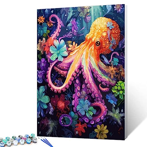 Malen nach Zahlen-Sets mit Neon-Oktopus, für Kinder und Erwachsene, Anfänger, bunte Ozeanlandschaft, Leinwand, DIY-Ölgemälde mit Pinseln und Acryl, digitales Gemälde, Geschenk, moderne Wanddekoration, von Walarky