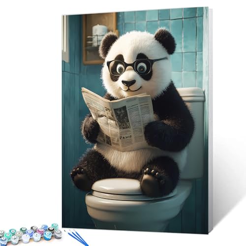 Panda mit Brille, rote Zeitung sitzend auf dem Toilettensitz, Malen nach Zahlen für Erwachsene auf Leinwand, DIY-Ölgemälde-Kits, Acrylfarben für Zuhause, Wanddekoration, Kunsthandwerk, Geschenke, 40,6 von Walarky