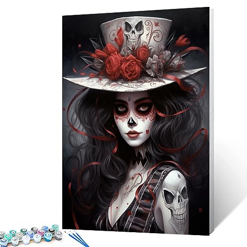 Tag der Toten Malen nach Zahlen Kits für Erwachsene Clown DIY Leinwand Ölgemälde Acryl Pigment Kits Schädel und Blumen Malen nach Zahlen Home Wandkunst Dekor Geschenk Kunstwerk 40,6 x 50,8 cm (DIY von Walarky