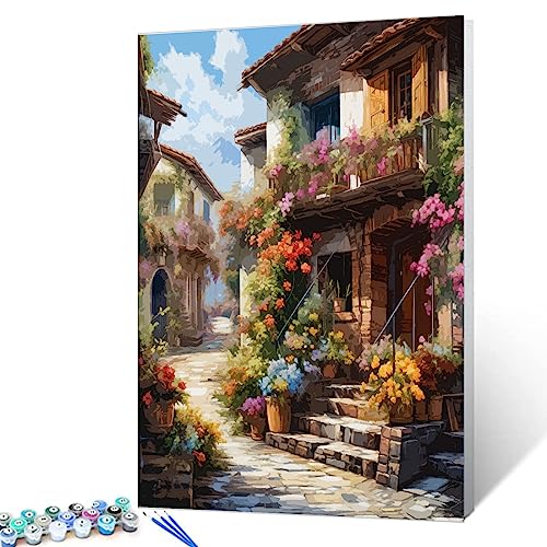 Walarky Blumen Stadt Malen nach Zahlen für Erwachsene Kinder Anfänger Italien Stadt Straße Blumen DIY Acrylgemälde Geschenk-Kits Zeichnung Gemälde Bilder Kunst Handwerk für Zuhause Wanddekoration 40,6 von Walarky