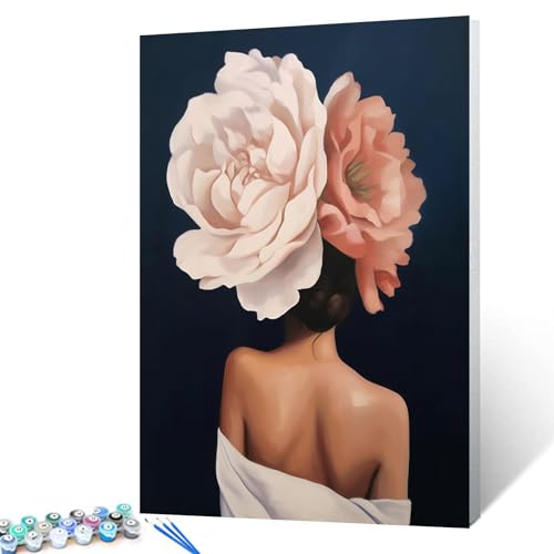 Walarky Fashion Lady Ölgemälde-Set zum Selbermachen, Malen nach Zahlen für Erwachsene, bunte Blumen, Frauen, Malen nach Zahlen auf Leinwand, Acryl, digitale Ölnummern, Malset für Heimdekoration, von Walarky