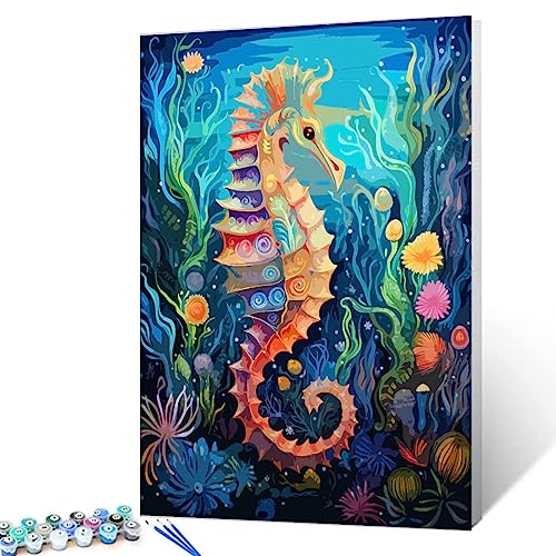 Walarky Neon Seepferdchen Malen nach Zahlen Kits für Kinder Erwachsene Anfänger Bohemian Gemustert Leinwand Blume Koralle Ölgemälde Schönes digitales Gemälde Geschenk Moderne Wohnkultur 40,6x50,8 cm von Walarky