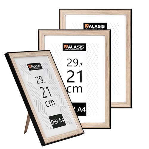 Walasis Bilderrahmen A4 Holz Rahmen: 3er Set Holzrahmen Din A4 21x29,7cm MDF Fotorahmen (Natur mit Schwarz-A4) von Walasis