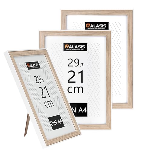 Walasis Bilderrahmen A4 Holz Rahmen: 3er Set Holzrahmen Din A4 21x29,7cm MDF Fotorahmen (Natur mit Weiß-A4) von Walasis