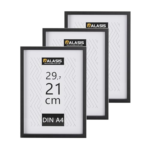 Walasis Bilderrahmen A4 Schwarz für Urkunde: 3er Set Rahmen Din A4 - Holz 21x29,7cm Fotorahmen Holzrahmen von Walasis