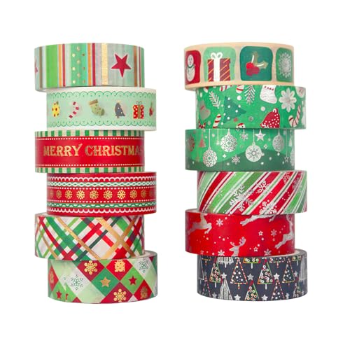 Waldspring Washi Tape Weihnachten 12 Stück, Klebeband Weihnachten, Xmas Masking Tape, Kann Zum Verschließen Von Umschlägen, Zur Dekoration Und Zum Verpacken Von Geschenken Verwendet Werden von Waldspring