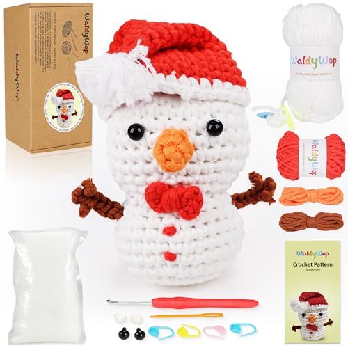 Weihnachts-Schneemann-Häkelset für Anfänger, Häkel-Starter-Set für Kinder und Erwachsene, Häkellernen mit Schritt-für-Schritt-Video-Tutorials, vorgestartetes Garn, Haken, DIY-Amigurumi-Bastelgeschenke von WaldyWop