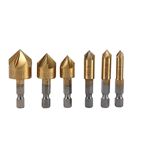 Bohrer mit Senker Holz, 6 Stk. 1/4 '' Hex Shank HSS 5 Flöte Senkbohrer Set, 90 Grad Fase Senkkopf für Holzbearbeitungsbohrer, 6mm-19mm Countersink Drill Bit von Walfront