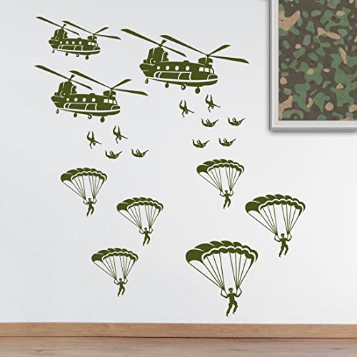 Helikopter Soldaten Armee Wandaufkleber Militär Vinyl Aufkleber Jungen Zimmer Dekoration Fallschirmjäger Fallschirm vom Hubschrauber von Wall4stickers