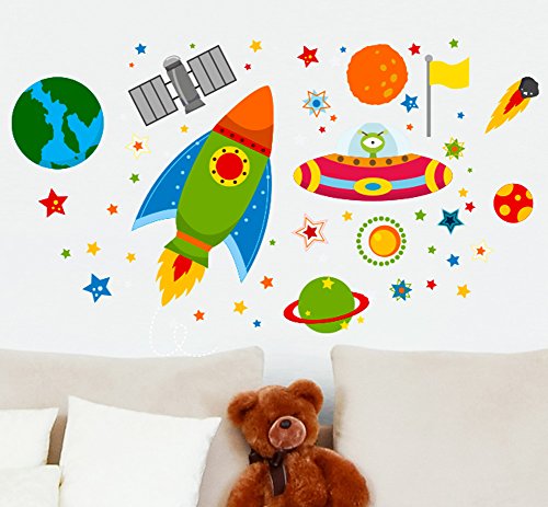 Rakete Raumschiff Weltraum UFO planeten Lernen Wandaufkleber Kinder Decals Cartoon kindergarten decals wandbilder grafiken von Wall4stickers