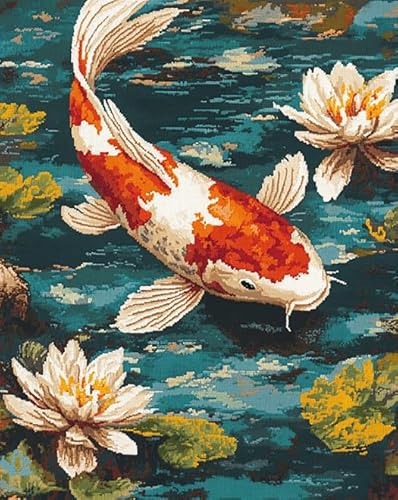 DIY Cross Stitch 11CT Embroidery Kits,Koi-Fische im Lotusteich,Needlework Craft Set Printed Canvas Cotton Thread Home Decoration For Wall,16x20in von Wallphantom