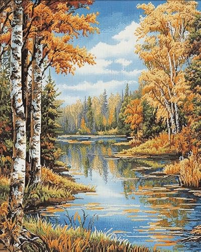 Kreuzstich Stickpackungen Vorgedruckt,Wald See Landschaft,DIY Sticken Nadelarbeit Set Erwachsene Kreuzstich 11CT für Anfänger Home Decor,40x50cm von Wallphantom